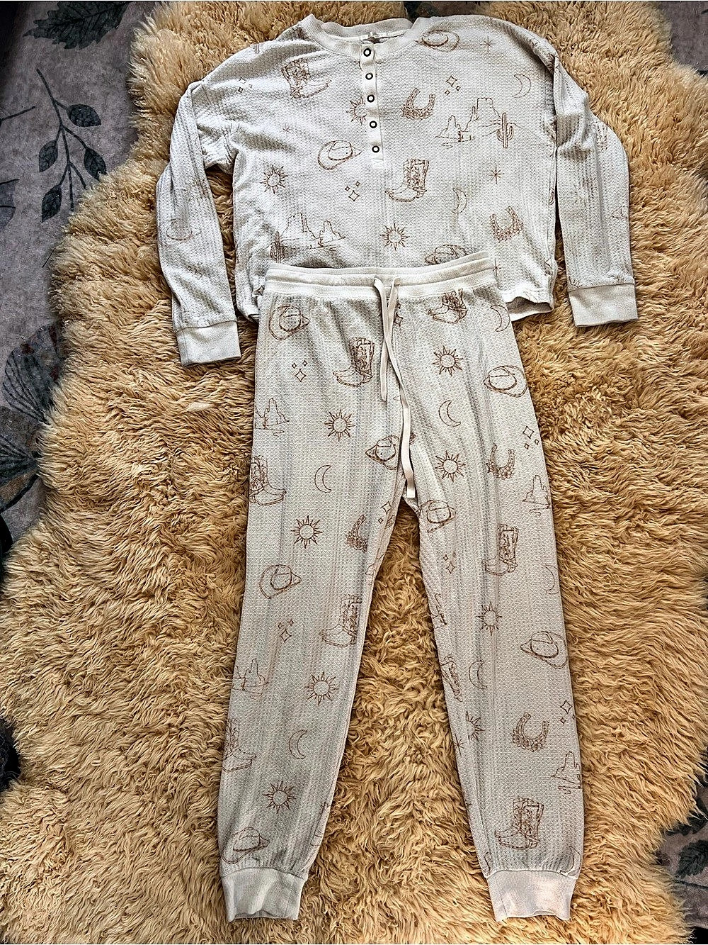 Cowgirl Western Print Waffle Knit Pajama Set